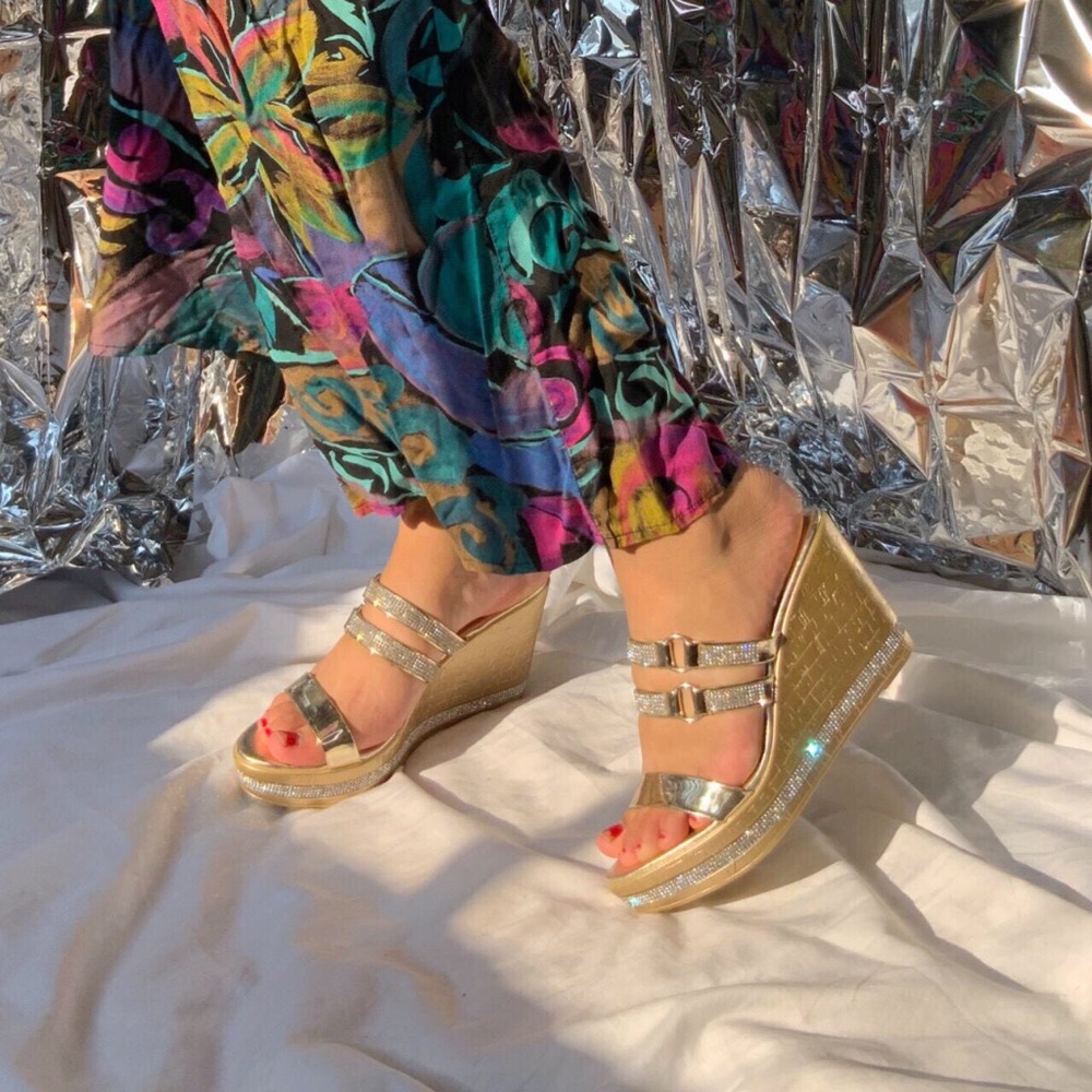 Gold rhinestone platform wedges